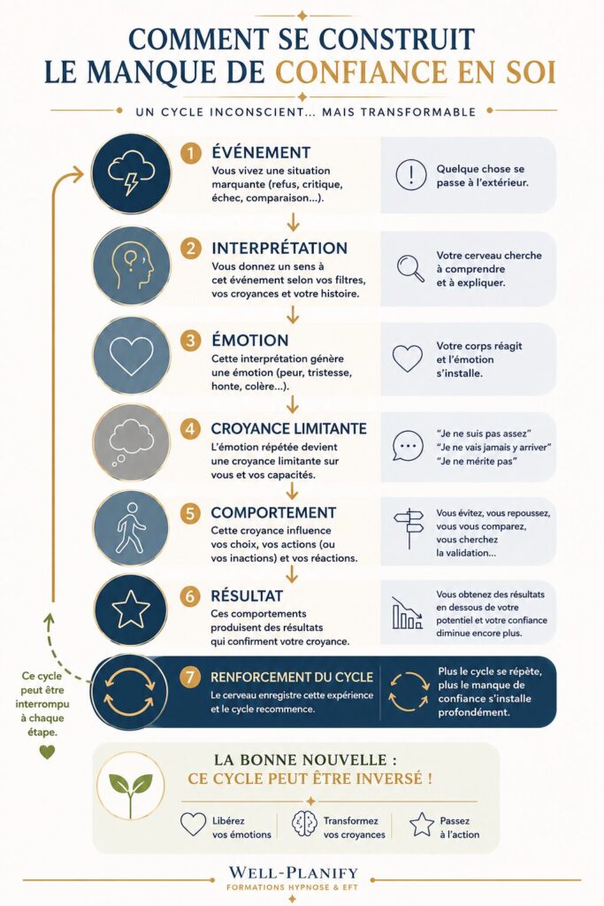 Schéma expliquant comment se construit le manque de confiance en soi : événement, interprétation, émotion, croyance limitante, comportement, résultat et renforcement du cycle.