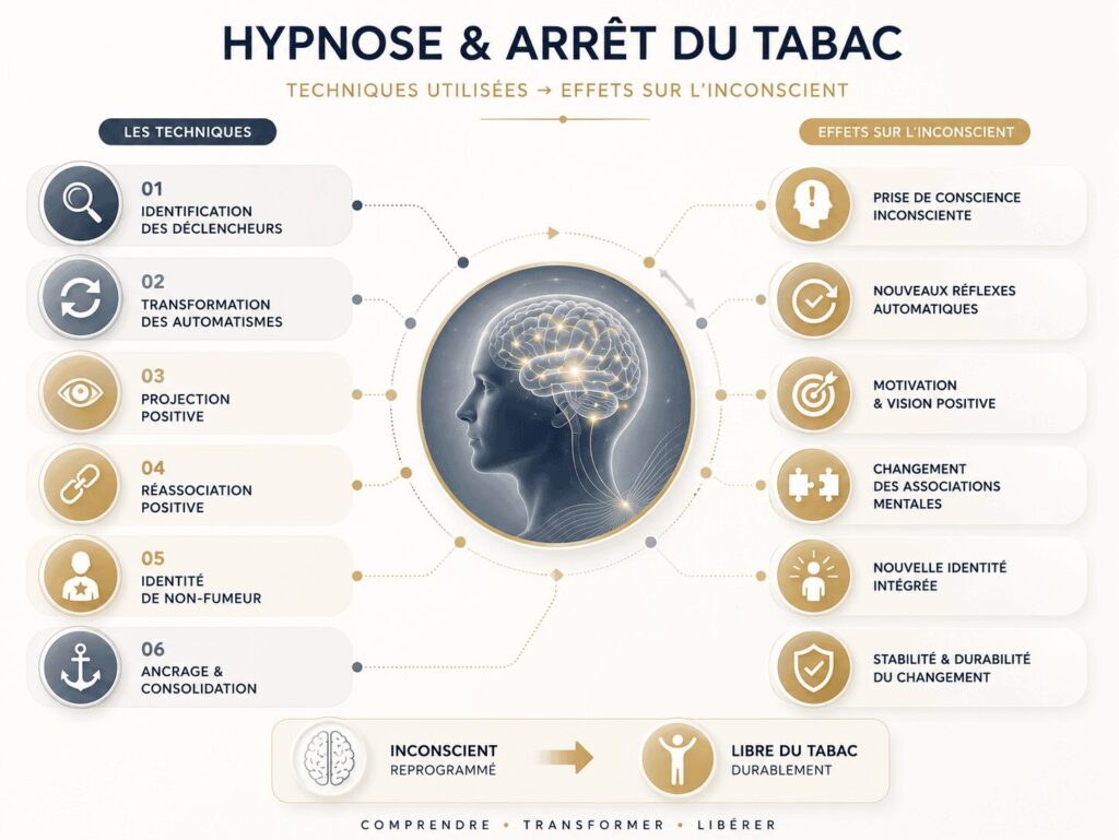 Schéma illustrant les principales techniques d'hypnose utilisées pour le sevrage tabagique et leurs effets sur les mécanismes inconscients associés à la cigarette.