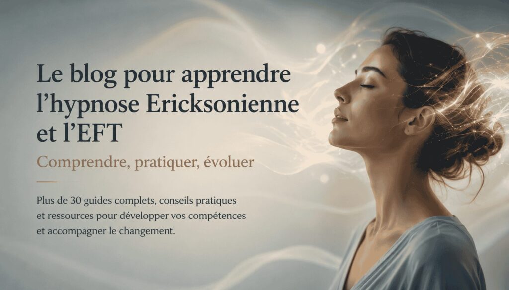 Bannière du blog Well-Planify pour apprendre l'hypnose Ericksonienne et l'EFT avec une jeune femme apaisée illustrant le développement des compétences et l'accompagnement du changement.