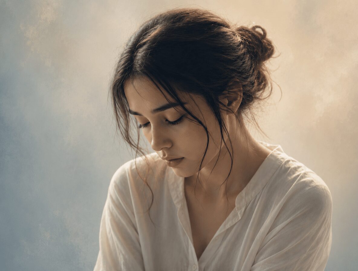 Jeune femme pensive illustrant la dépendance affective, la peur de l'abandon, le manque d'estime de soi et le chemin vers l'autonomie émotionnelle grâce à l'EFT et à l'hypnose Ericksonienne.