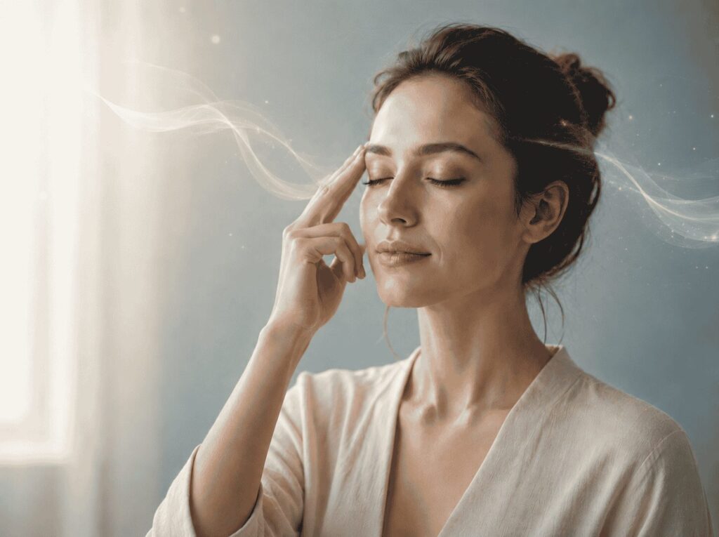 Femme pratiquant l'EFT pour apaiser un stress chronique grâce aux tapotements sur les points d'acupression et favoriser la régulation du système nerveux.
