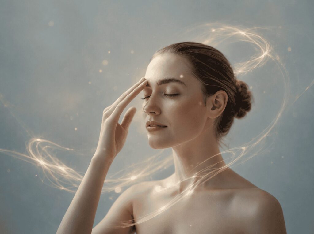 Formation EFT en ligne – femme pratiquant un point de tapping sur le front pour illustrer la libération émotionnelle et la régulation des émotions.