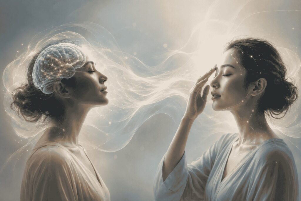 llustration représentant les formations certifiantes en hypnose Ericksonienne et en EFT de Well-Planify, symbolisant deux approches complémentaires pour accompagner le changement.