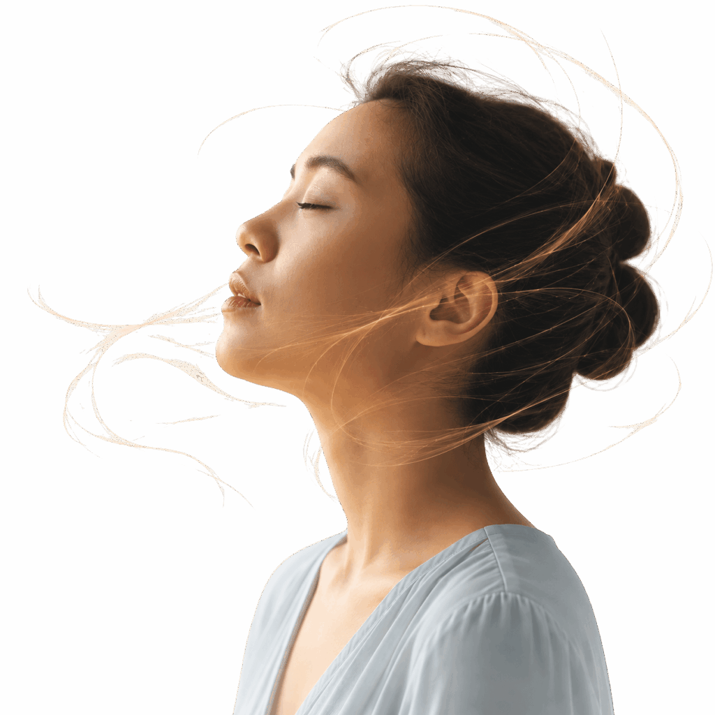 Jeune femme en état de relaxation illustrant l'hypnose Ericksonienne et l'EFT sur fond blanc avec volutes dorées.