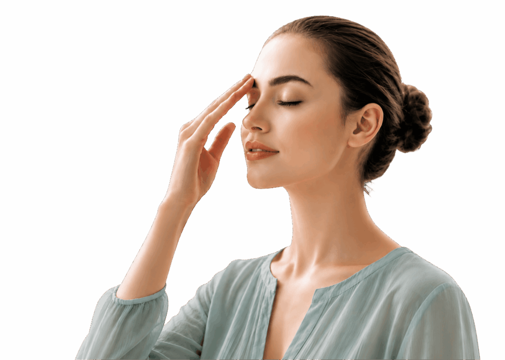 Jeune femme en état de relaxation profonde illustrant l'hypnose Ericksonienne avec filaments lumineux dorés sur fond transparent.