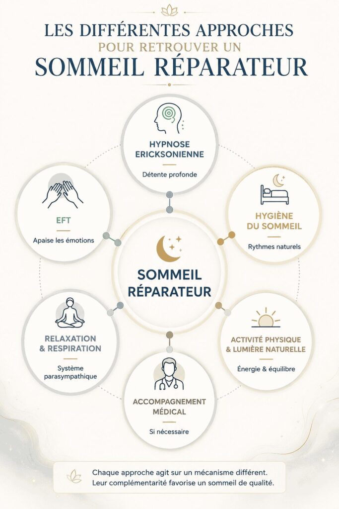 Schéma présentant les différentes approches pour retrouver un sommeil réparateur : hypnose Ericksonienne, EFT, hygiène du sommeil, relaxation, activité physique et accompagnement médical.