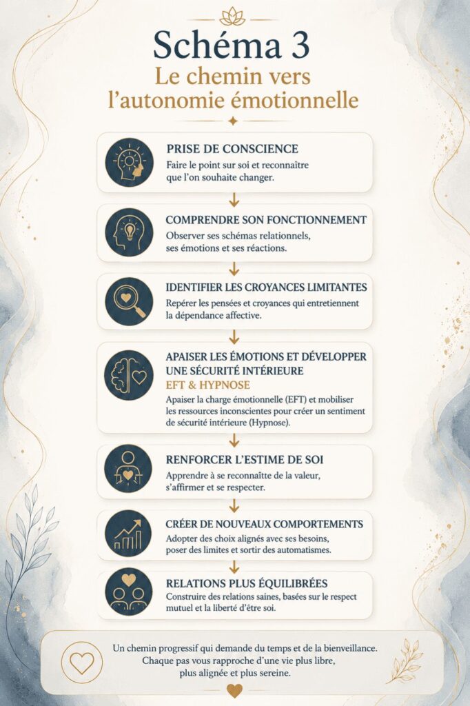 Infographie illustrant les étapes pour sortir de la dépendance affective : prise de conscience, compréhension de son fonctionnement, identification des croyances limitantes, apaisement des émotions avec l'EFT, développement d'une sécurité intérieure grâce à l'hypnose, renforcement de l'estime de soi, nouveaux comportements et relations plus équilibrées.