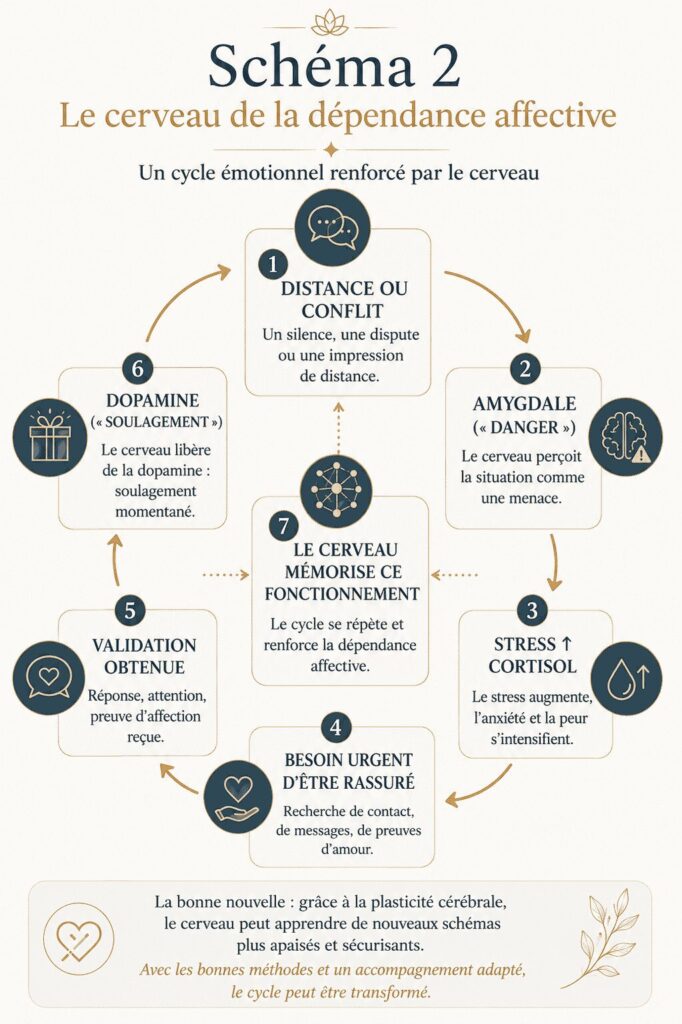 Schéma illustrant le fonctionnement du cerveau dans la dépendance affective, montrant le rôle de l'amygdale, du cortisol, de la dopamine, de la recherche de validation et de la plasticité cérébrale dans le maintien du cycle émotionnel.