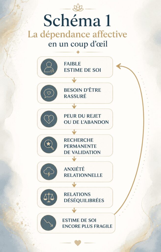 Schéma illustrant le cercle vicieux de la dépendance affective : faible estime de soi, besoin d'être rassuré, peur du rejet, recherche de validation, anxiété relationnelle et relations déséquilibrées.