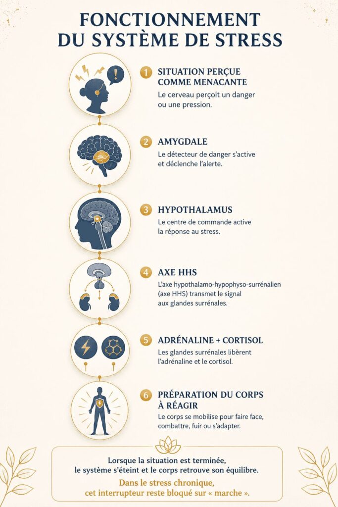 Schéma expliquant le fonctionnement du système de stress, depuis la perception d'une menace jusqu'à la libération d'adrénaline et de cortisol pour préparer l'organisme à réagir.