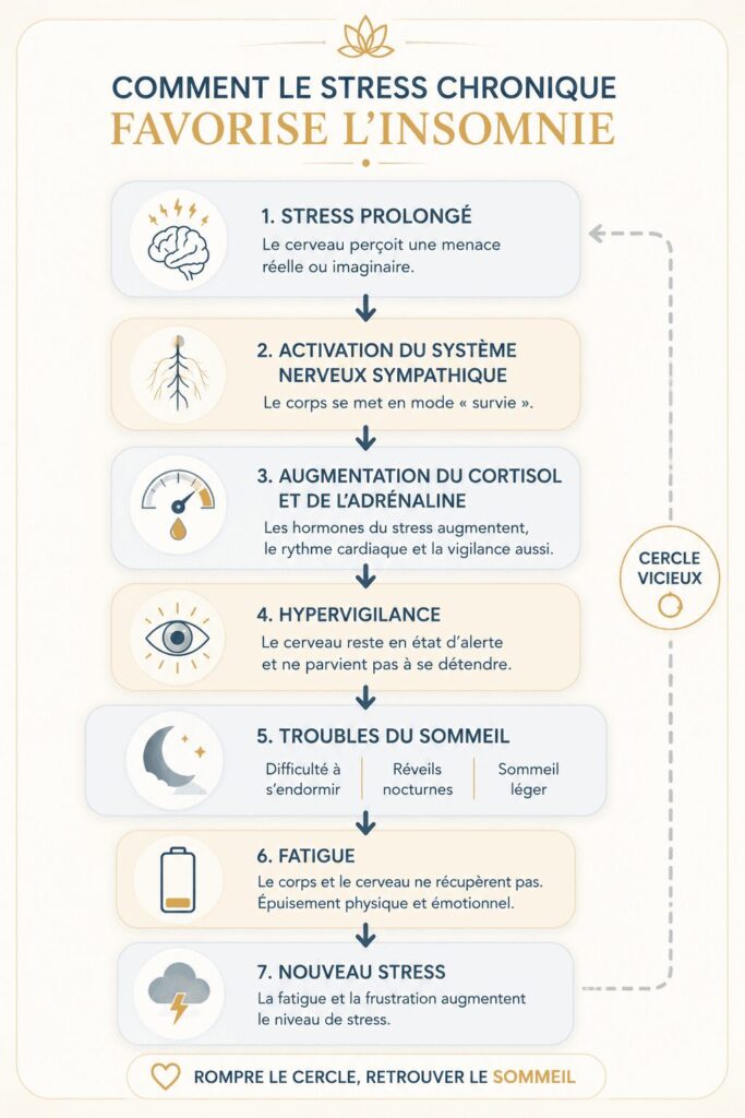 Schéma expliquant comment le stress chronique favorise l'insomnie : activation du système nerveux sympathique, augmentation du cortisol, hypervigilance, troubles du sommeil, fatigue et cercle vicieux.