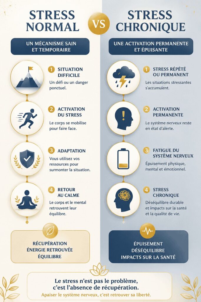 Schéma comparatif montrant les différences entre le stress normal et le stress chronique, de la réaction ponctuelle à l'épuisement du système nerveux.