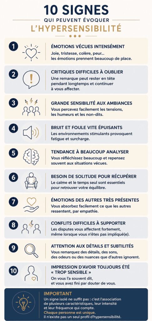 Infographie présentant 10 signes pouvant évoquer l’hypersensibilité chez une personne hypersensible