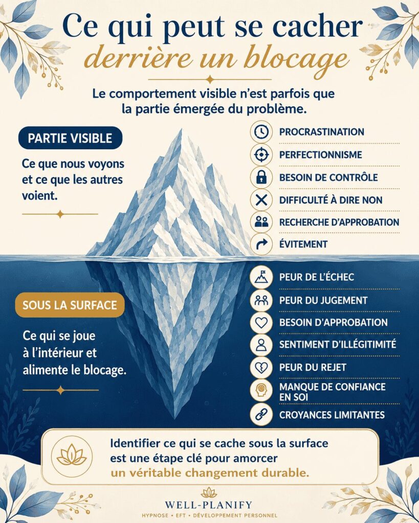 Schéma en iceberg montrant les causes cachées derrière les blocages émotionnels et comportementaux