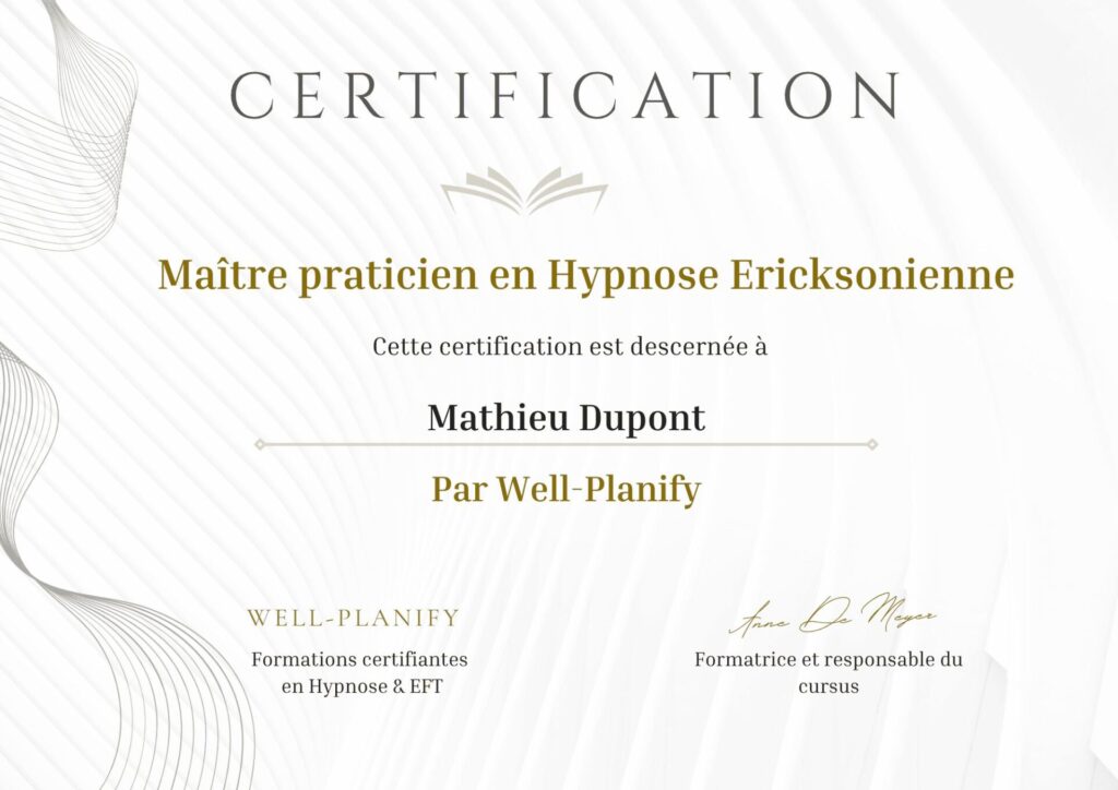 Exemple de certification de formation en Hypnose Ericksonienne délivrée par Well-Planify