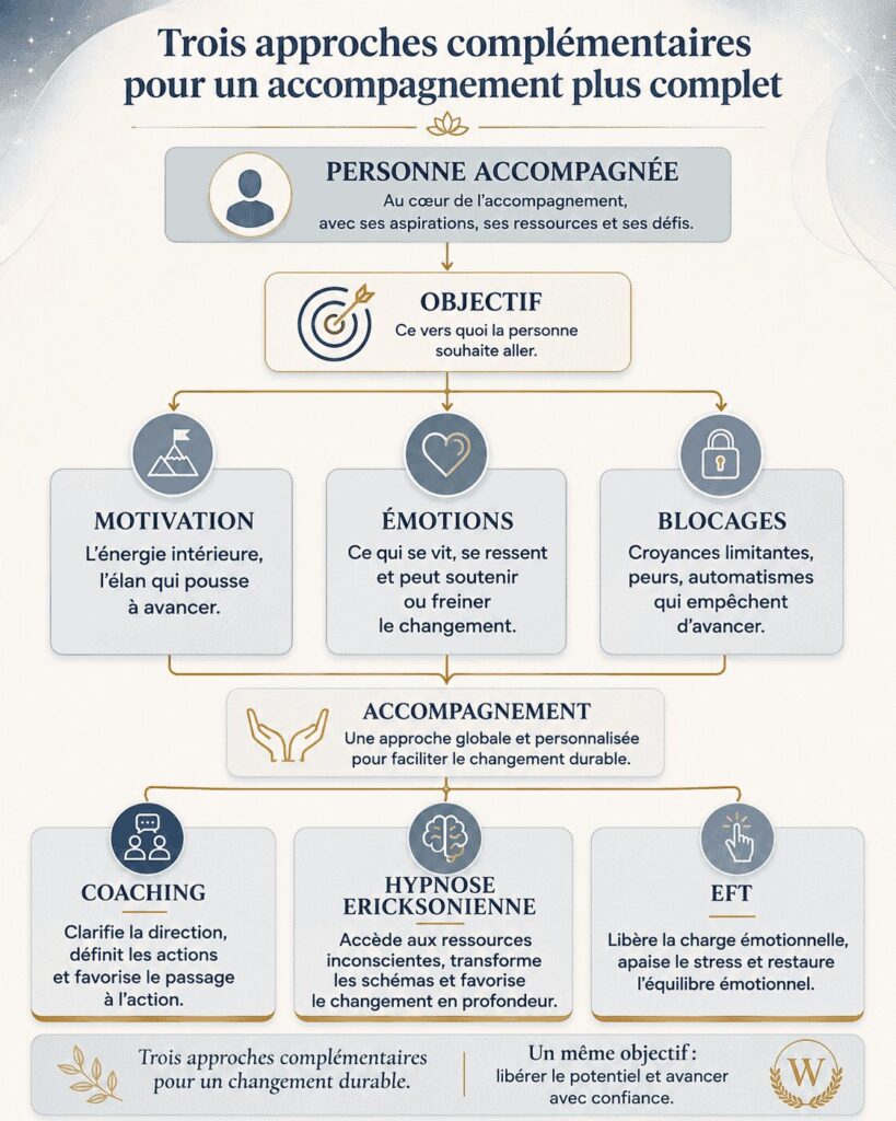 Schéma illustrant la complémentarité entre le coaching, l'hypnose Ericksonienne et l'EFT pour accompagner les objectifs, les émotions et les blocages d'une personne.