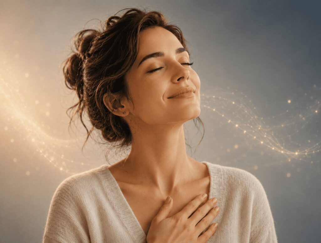 Femme apaisée, les yeux fermés et la main sur le cœur, illustrant le lâcher-prise face au stress, à l’anxiété et aux pensées en boucle.