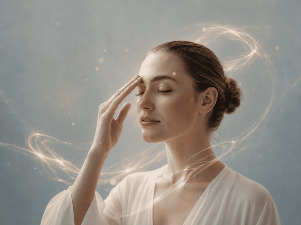 Formation EFT en ligne – femme pratiquant un point de tapping sur le front pour illustrer la libération émotionnelle grâce aux Emotional Freedom Techniques (EFT) dans la formation certifiante Well-Planify.