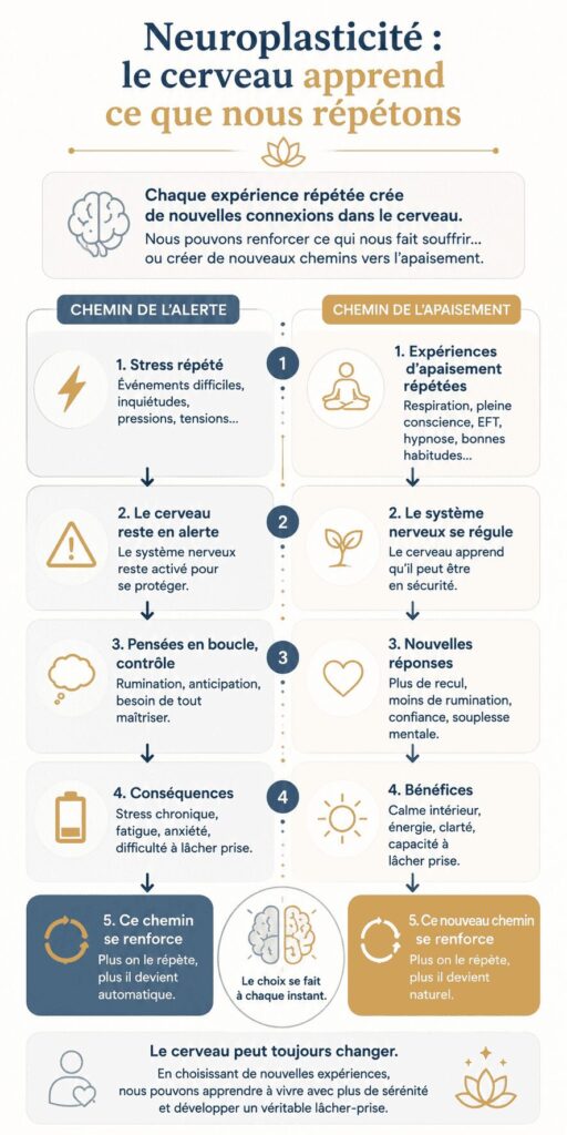Schéma sur la neuroplasticité montrant comment le cerveau peut renforcer le stress et les pensées en boucle ou apprendre progressivement à lâcher prise.