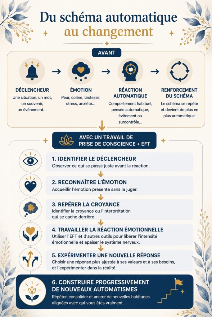 Schéma montrant le passage d’une réaction automatique au changement grâce à la prise de conscience et à l’EFT