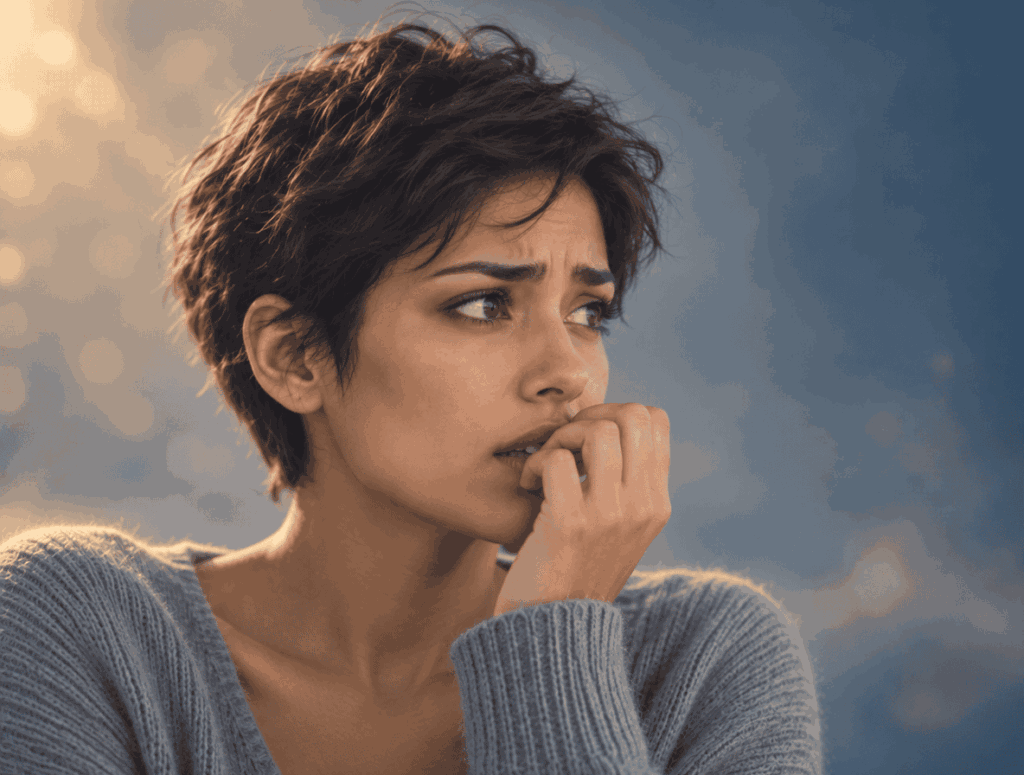 Jeune femme anxieuse se rongeant les ongles, illustrant les inquiétudes, les tensions et les manifestations de l’anxiété.