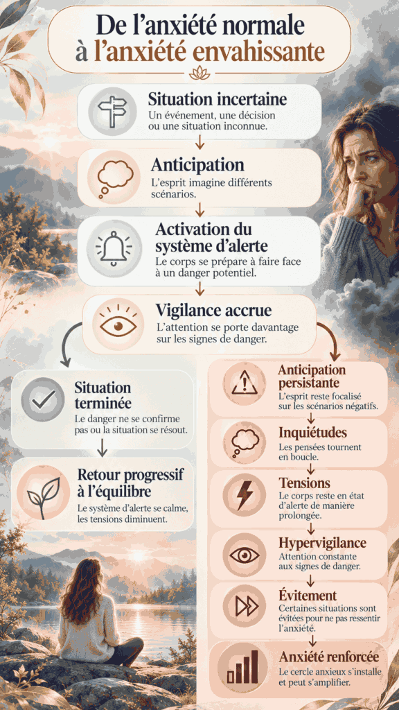 Schéma expliquant le passage de l’anxiété normale à l’anxiété envahissante, de l’anticipation à l’activation du système d’alerte, l’hypervigilance et l’évitement.
