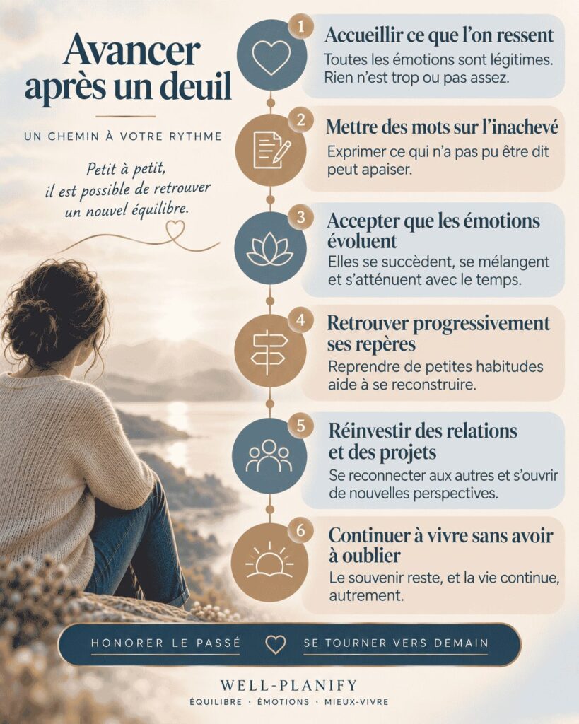 Schéma des étapes pour avancer après un deuil, accueillir ses émotions, retrouver ses repères et continuer à vivre sans oublier