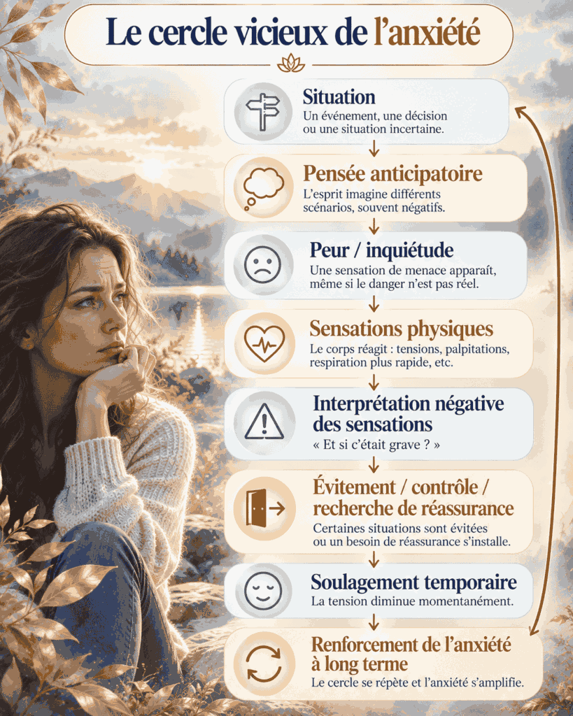 Schéma du cercle vicieux de l’anxiété montrant comment une pensée anticipatoire entraîne peur, sensations physiques, interprétation négative, évitement et soulagement temporaire qui renforcent l’anxiété.