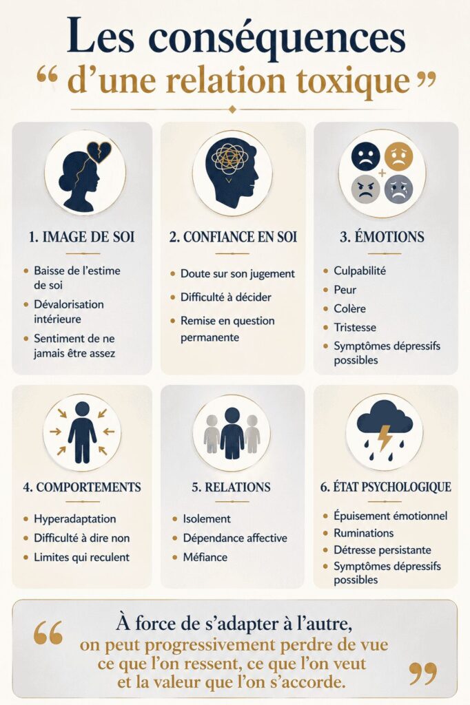 Schéma des conséquences possibles d’une relation toxique sur l’estime de soi, les émotions, les comportements et les relations