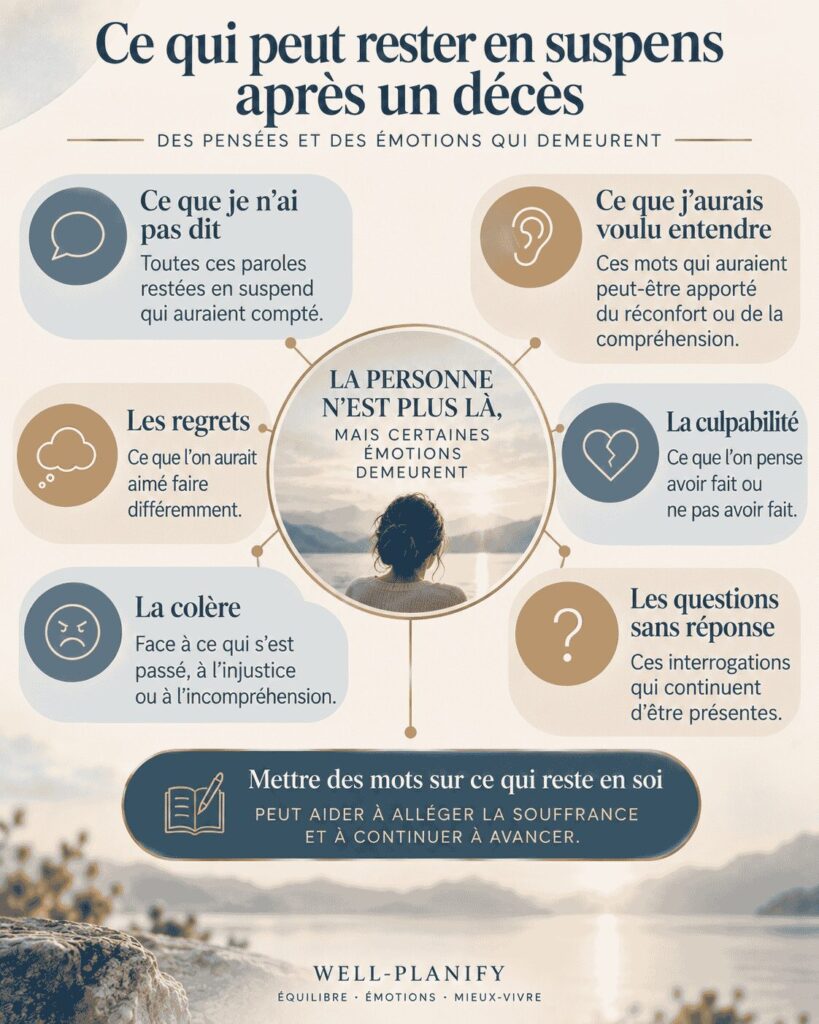 Schéma des émotions et pensées qui peuvent rester en suspens après un décès : regrets, culpabilité, colère et questions sans réponse