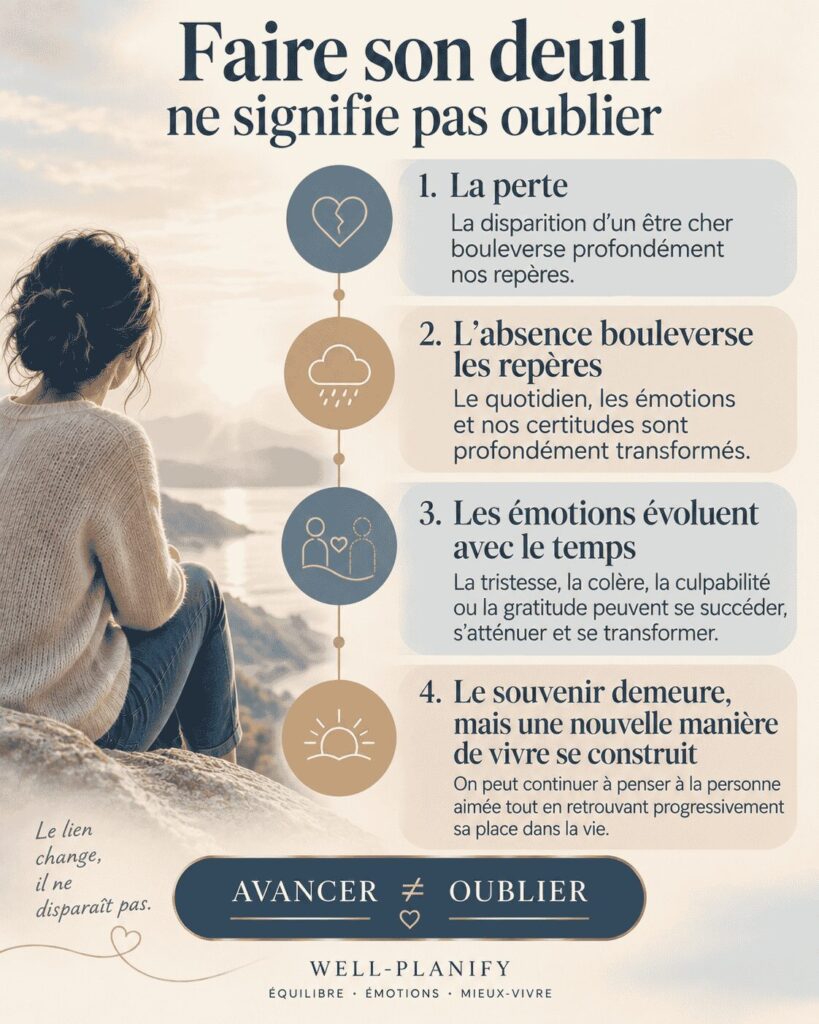 Schéma expliquant comment faire son deuil et continuer à avancer sans oublier la personne disparue