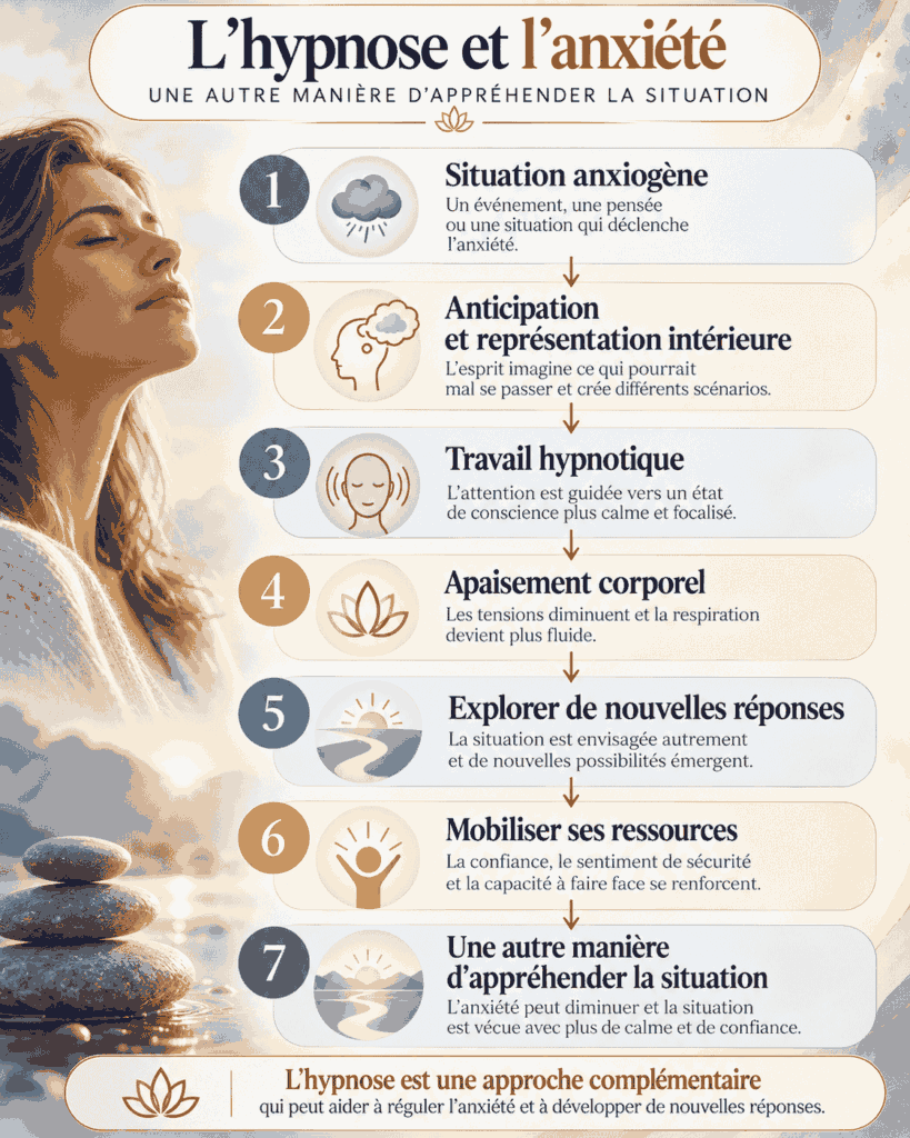 Infographie expliquant comment l’hypnose peut aider à réguler l’anxiété en travaillant sur l’anticipation, l’apaisement corporel, les représentations et les ressources personnelles.