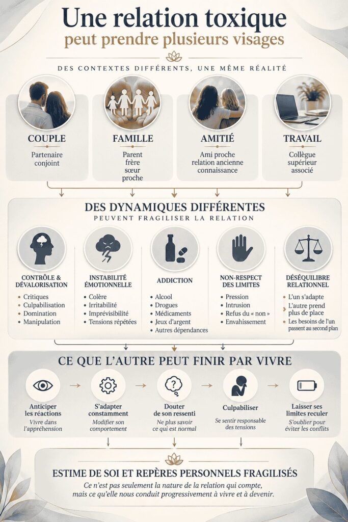 Infographie des différentes relations toxiques, de leurs dynamiques et de leurs conséquences sur l’estime de soi et les repères personnels