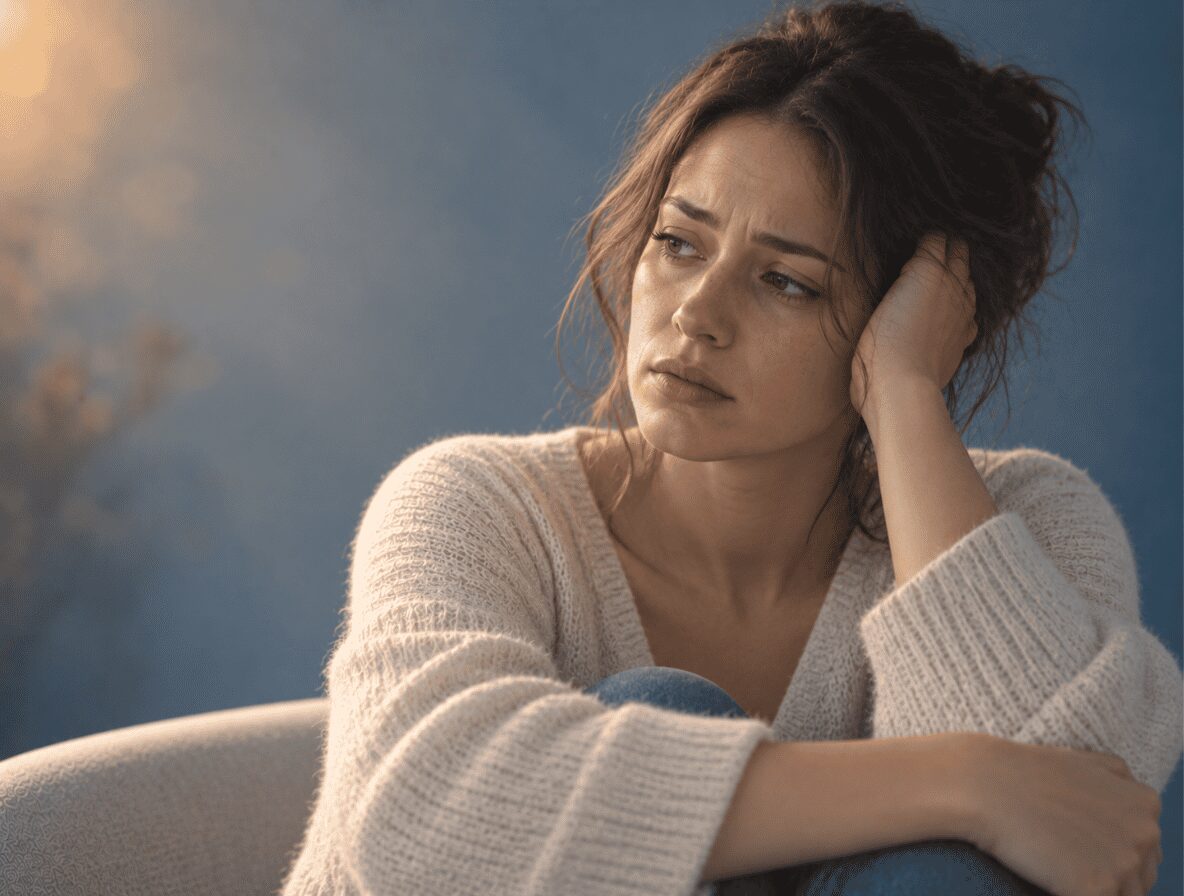 Femme préoccupée et repliée sur elle-même illustrant les conséquences émotionnelles d’une relation toxique