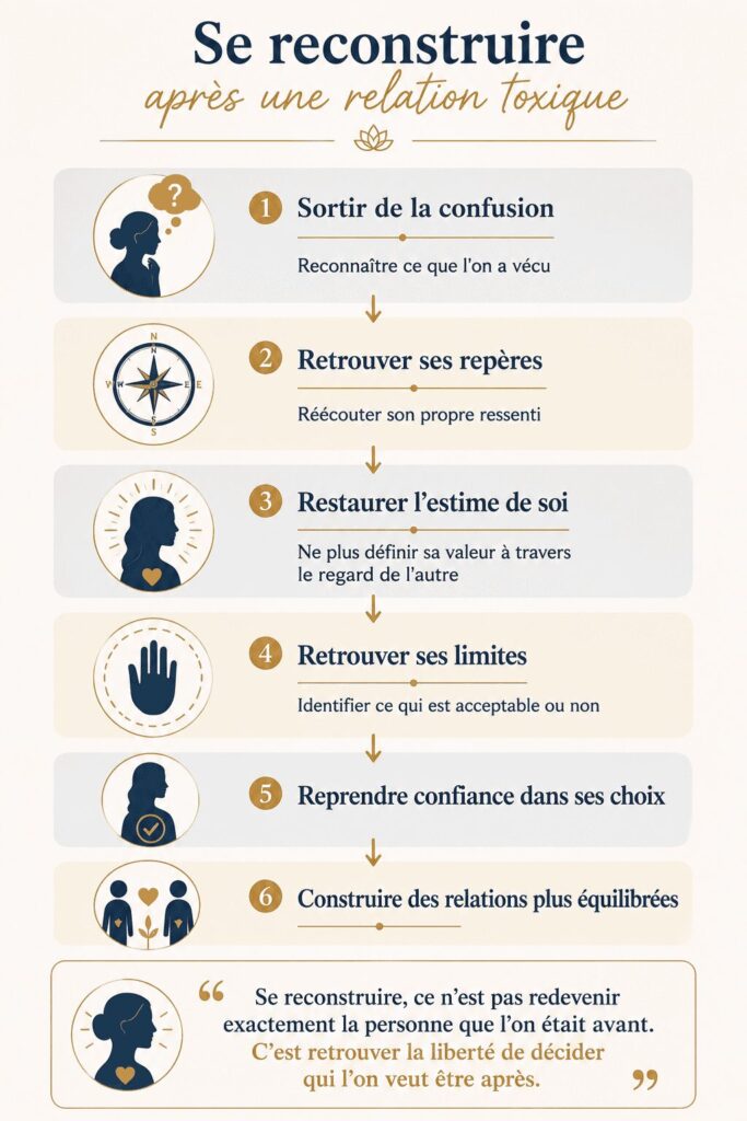 Schéma des étapes pour se reconstruire après une relation toxique et retrouver estime de soi, limites et confiance