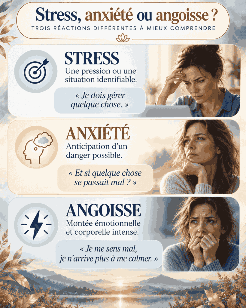 Infographie expliquant les différences entre le stress, l’anxiété et l’angoisse : pression identifiable, anticipation d’un danger possible et montée émotionnelle et corporelle intense.