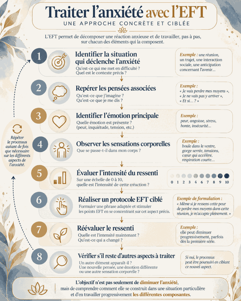 Infographie expliquant comment utiliser l’EFT pour traiter les différents aspects de l’anxiété, identifier les déclencheurs, les pensées, les émotions et les sensations corporelles.
