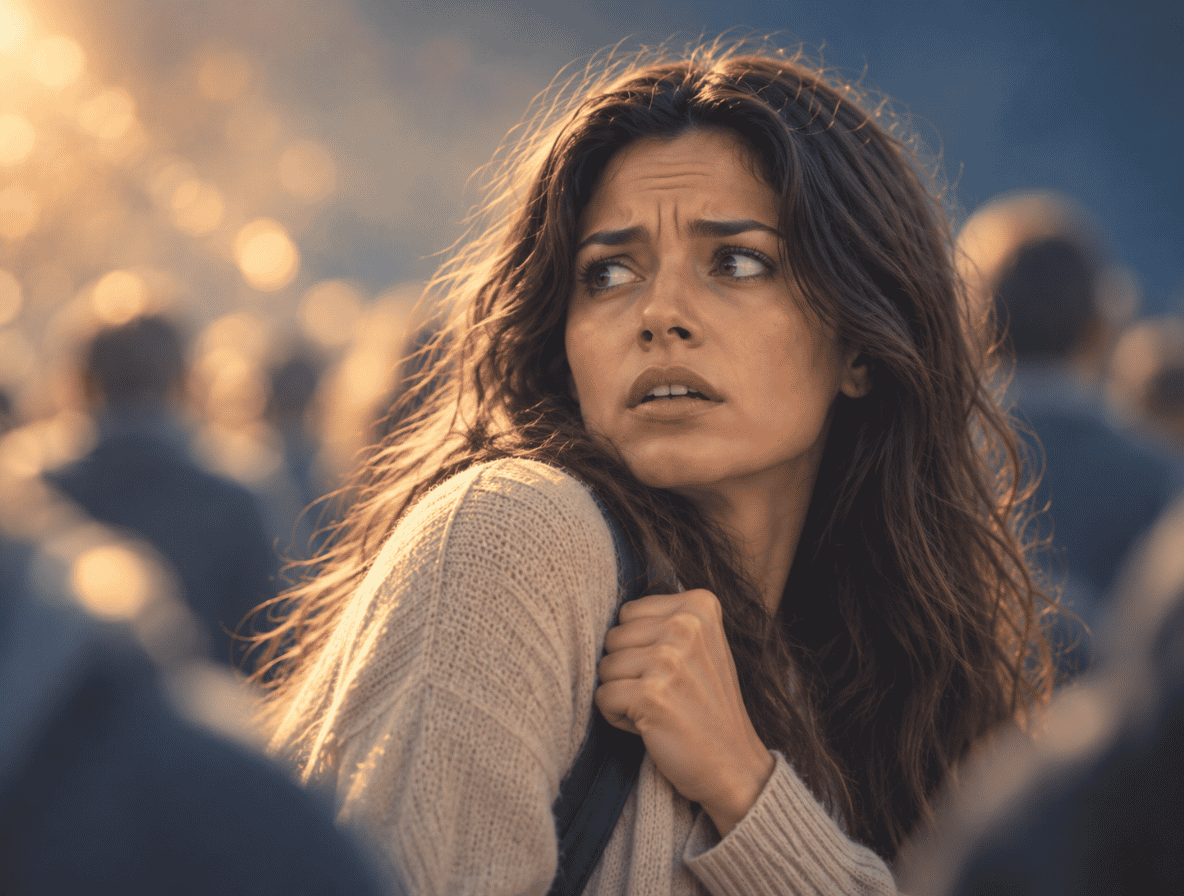 Jeune femme au visage inquiet, entourée d'une foule, illustrant la peur et l'anxiété liées à l'agoraphobie.